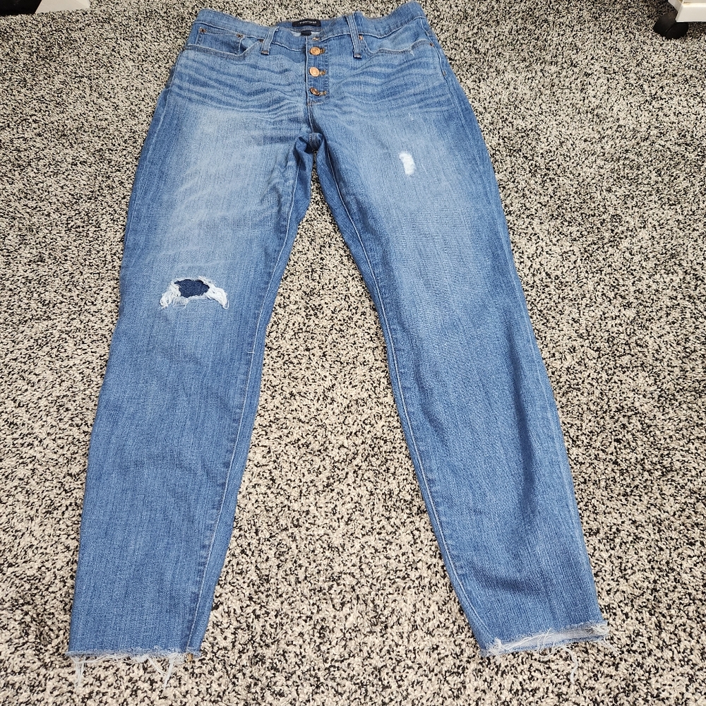 j crew 9" high rise toothpick Jeans Button Fly,Women's Sz 31 Destruction Stretch